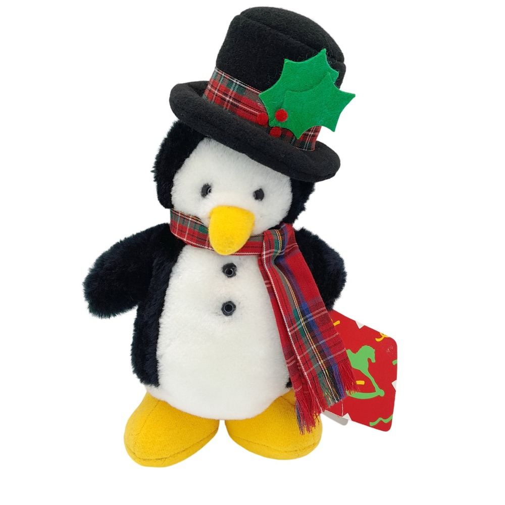 Vintage Dakin Snowshoe Penguin Plush Christmas Top Hat Scarf 31-1211 Holiday 8in